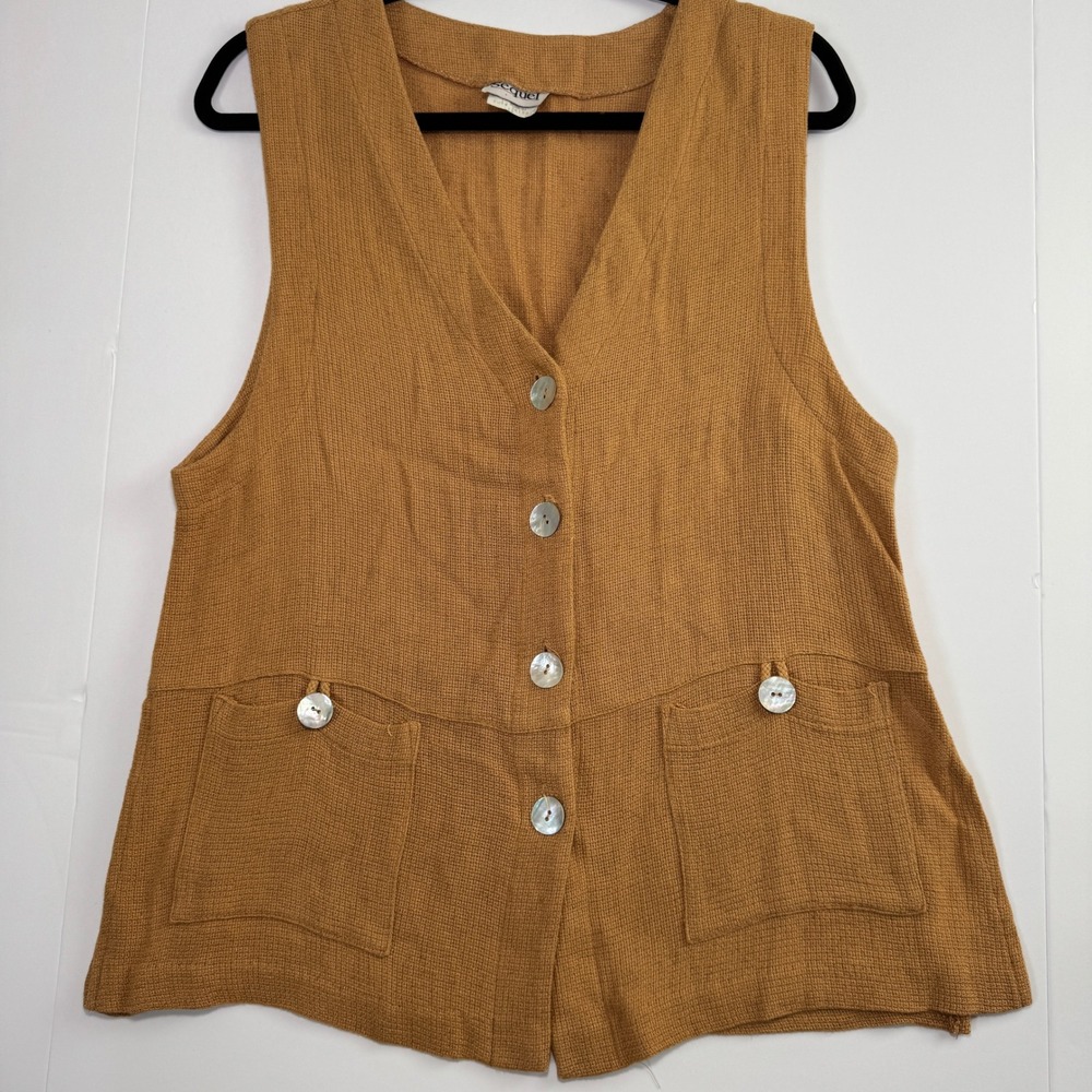 Vintage Sequel Mustard Tan Rayon Flax Vest Mother of Pearl Buttons Size 12 USA